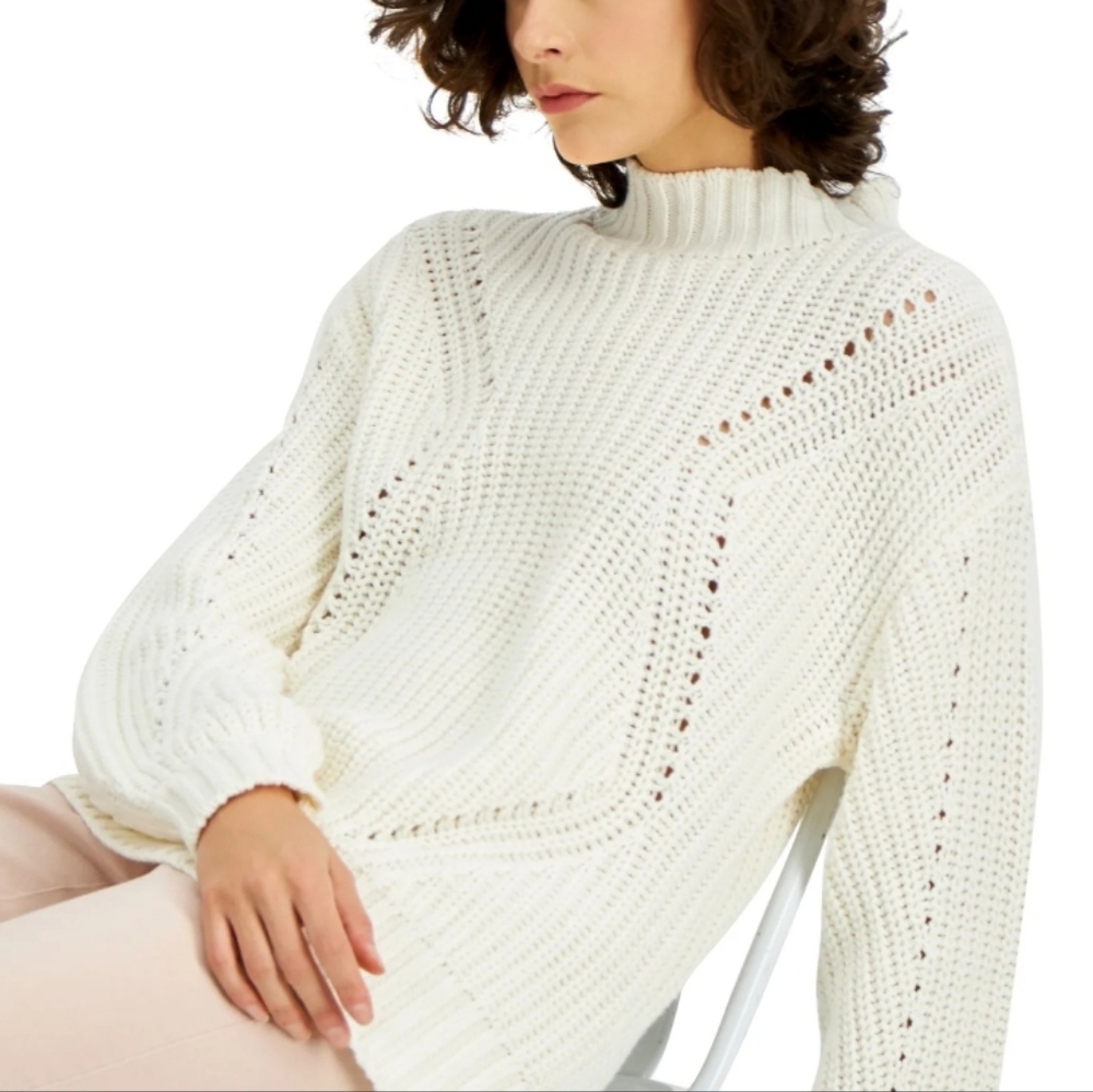Alfani Womens Long Sleeve Mock Turtle Neck Knit Sweater Antique White, L